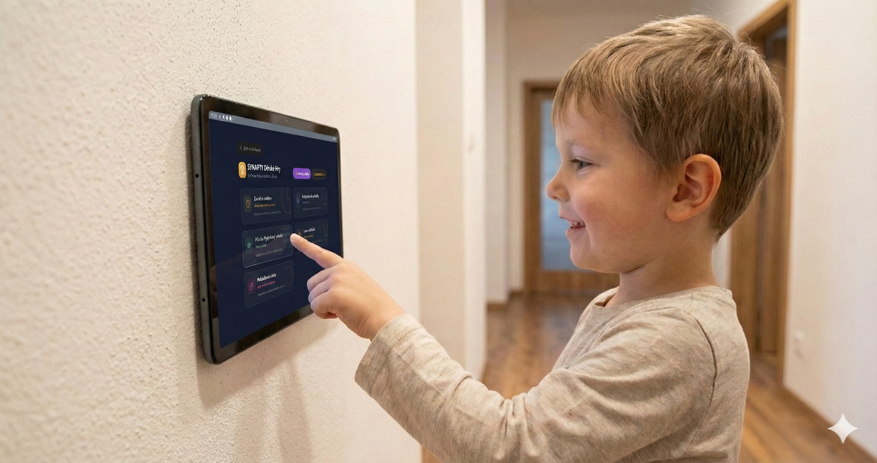 Chlapec ovládající chytrou domácnost na tabletu